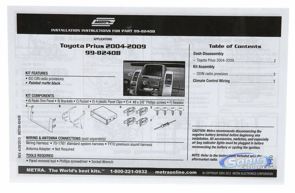 Metra 99-8240B Single DIN Dash Car Installation Kit for Toyota Prius 2004-2009 - Image 2 of 3