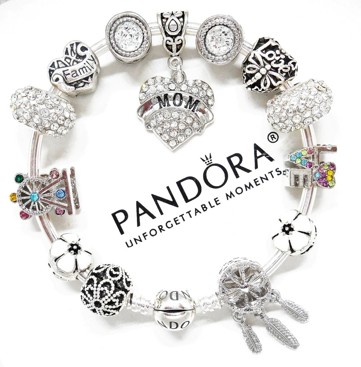 PANDORA SILVER BRACELET WITH WHITE MOM LOVE FAMILY &amp; DREAMCATCHER CHARMS! | eBay