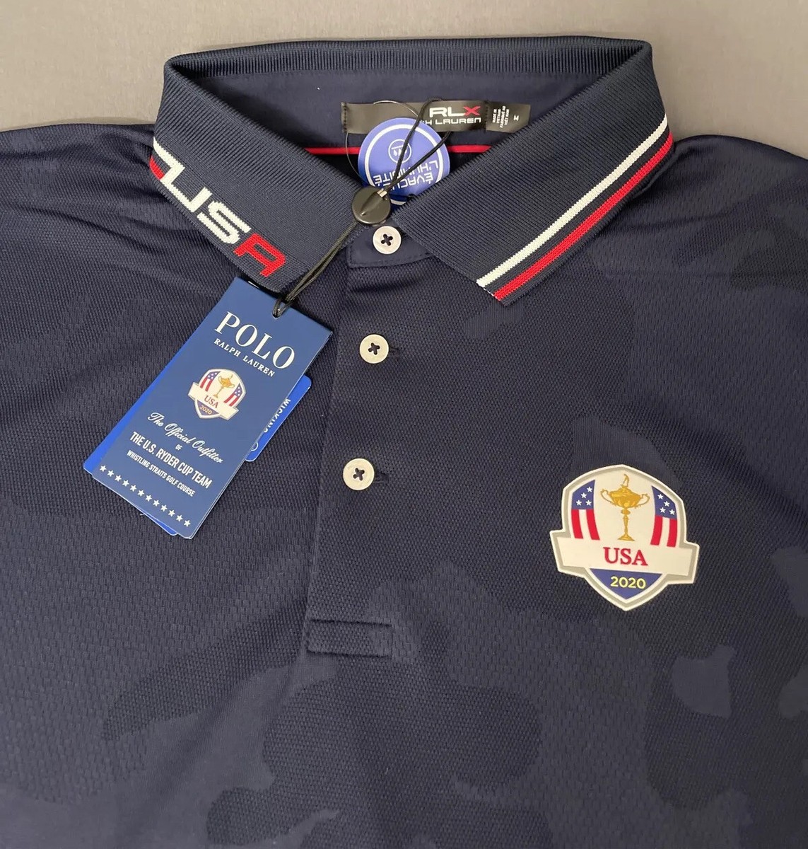 RLX Ryder Cup Golf Shirt Polo Logo Camo Ralph Lauren Medium Navy