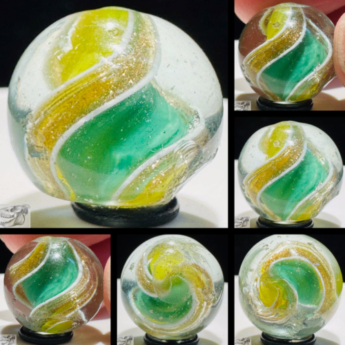 Rare Handmade Yellow Green Ribbon Lutz Marble, 11/16 in, Chips, Germany S839 - Picture 1 of 11