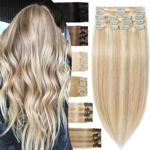 Clip in Remy Echthaar Hair Extensions Haarverlängerung Glatt 8 Tressen 80g/120g - Afbeelding 1 van 26