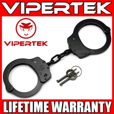 VIPERTEK Professional Double Lock Black Steel Police Security Handcuffs w/ Keys