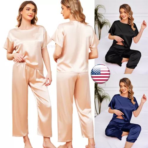 US Women Satin Silk Pajama Set Short Sleeve T-shirt with Pants Set PJ Loungewear