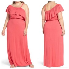 NWT BOBEAU Pink Ruffle One Shoulder Maxi Dress 1X Boho Festival Cottagecore