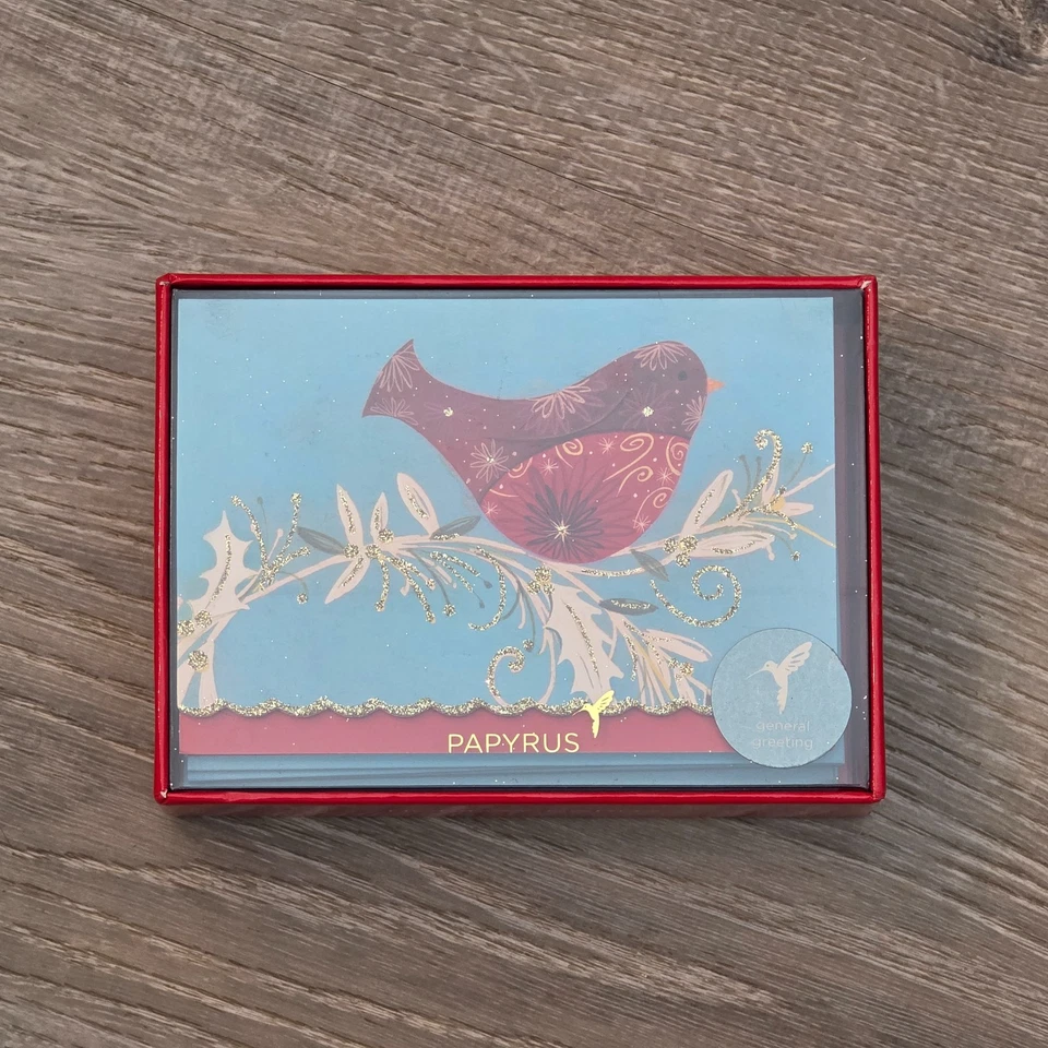 Papyrus Holiday Cards Boxed Set of 14 Red Bird on Branch Glitter Accents New NIB - Image 2 of 3