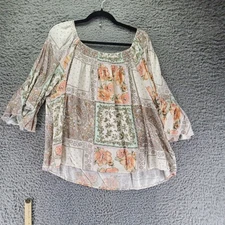 Cato Top Womens 18/20W Floral Patchwork 3/4 Sleeve Rayon Smocked Neck Blouse