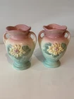 Vintage Hull USA Pottery Vases Pair Pink Green Floral Double Handle