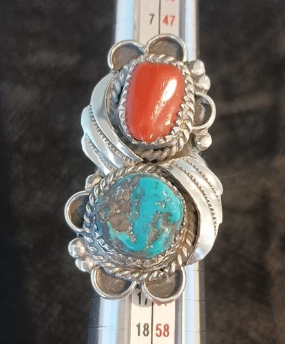 VTG Native American Navajo Silver Turquoise & Coral Ring Women Size 6.5 Unmarked