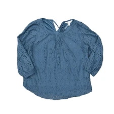NEW Lauren Conrad Women's Size M Blouse Top Long Sleeve Blue Solid Cotton Round