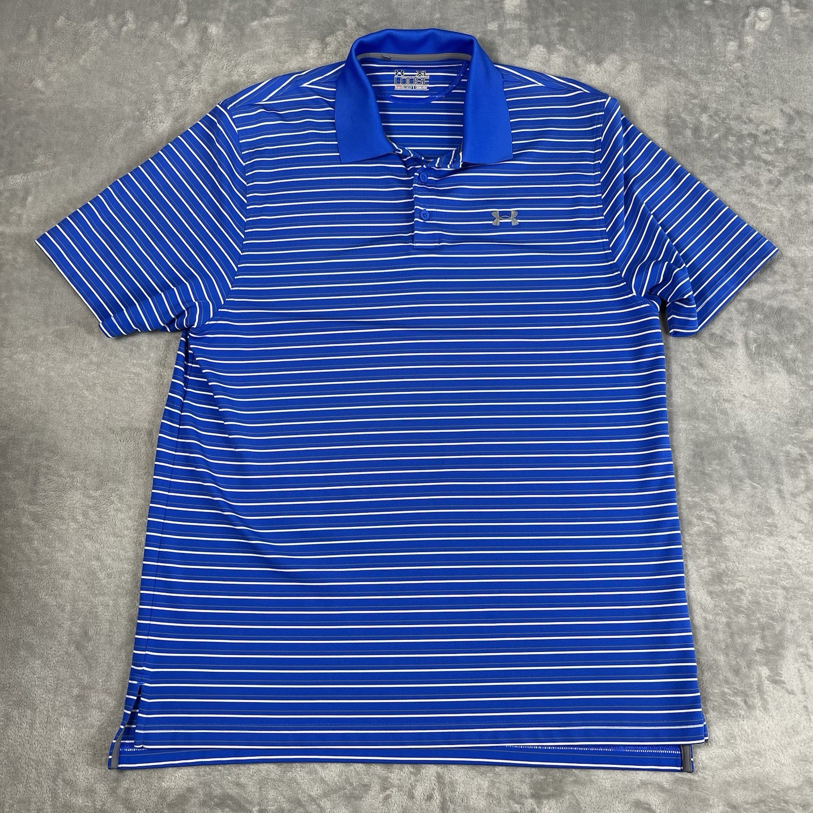 Under Armour Polo Shirt Mens XL Blue Stripe Stretch Golf Loose HeatGear Active