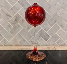 Vtg Hand Blown Art Glass Oil Lamp Lefton Spiral Stem Red Gold Speckle No Wick