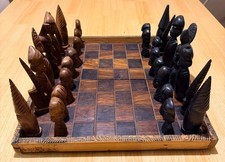 African Hand Carved Large Wooden Chess Set and Board *COMPLETE*
