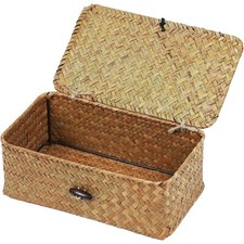 Natural Seagrass Storage Basket with Lid Rectangular Woven Organizer Bin