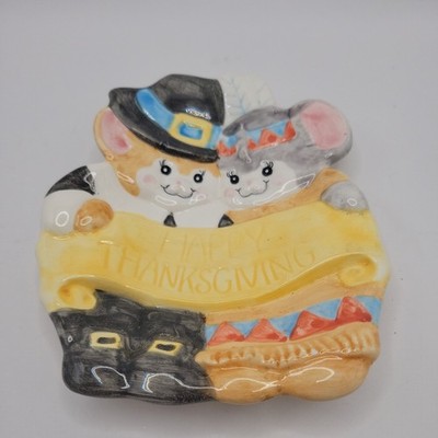 Vtg Happy Thanksgiving 3''x5'' Spoon Rest Mice Pilgrim & Indian Harvest Fall Decor
