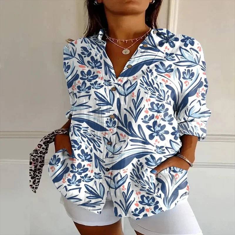 2025 Nueva Camisa Retro Floral Estampado Arte Informal Lino Moda Bonita Camisa Rápida Foto 4 de 4