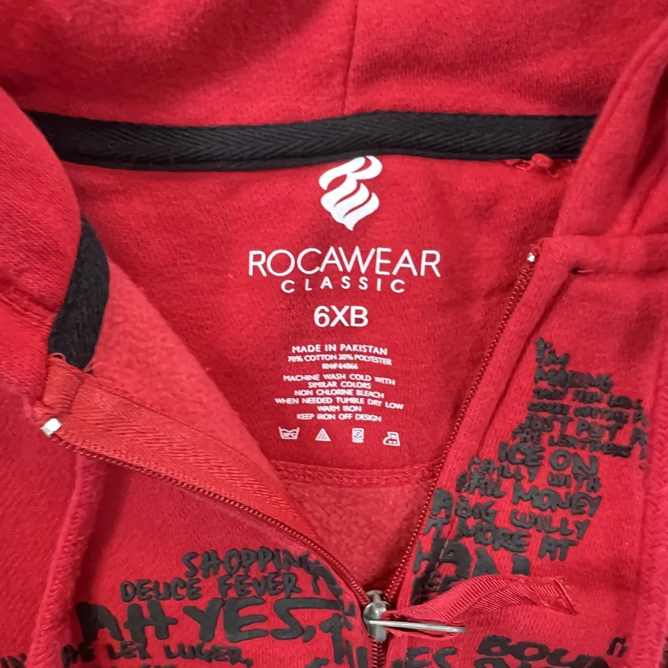 Sudadera con Capucha Rocawear Clásica 6XB Roja Cremallera Completa Arte de la Palabra Gráfico Y2K Hip Hop Gran Tamaño Foto 2 de 4