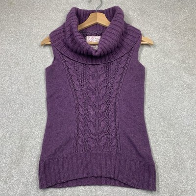 Fat Face Pullover Zopfmuster ärmellos Rollkragen lila Wolle Angora Damen Uk10