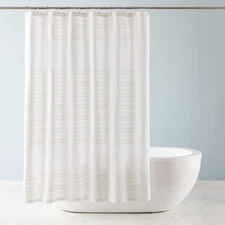 Sophia Textured Solid Cotton-Rich Breathable Fabric Shower Curtain with Reinf...