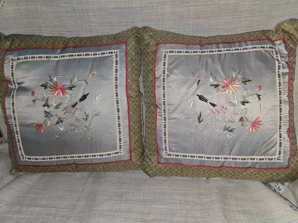 Antique Style Chinese Embroidered Silk Cushions x 2  Floral Birds  - 13 inches - Image 2 of 4