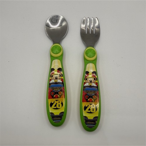 Disney Mickey Mouse Kids Flatware Set Fork Spoon Green Yellow Cartoon Handles   
