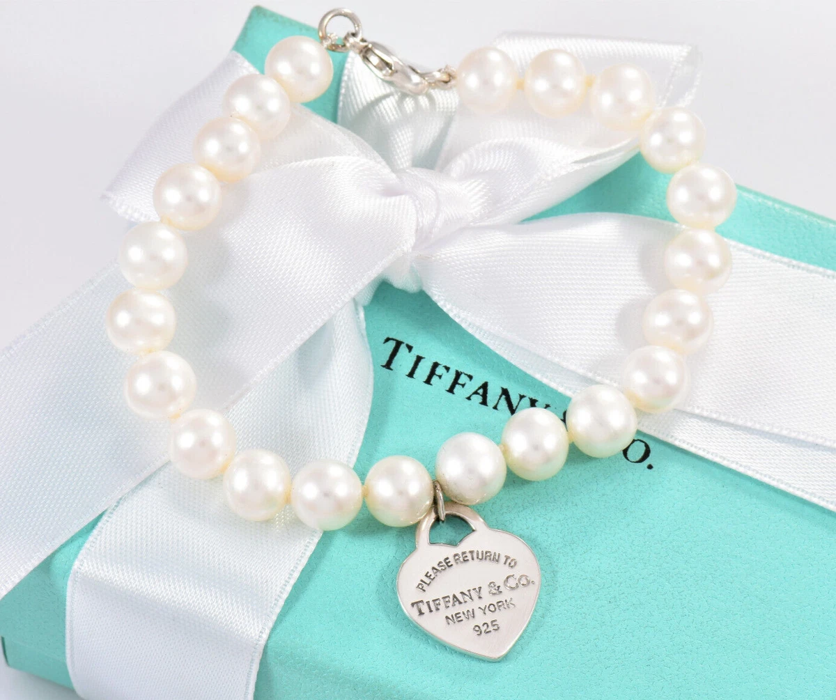 Please Return Tiffany Co Silver Heart Charm 8mm Pearl Bead Bracelet 7.7