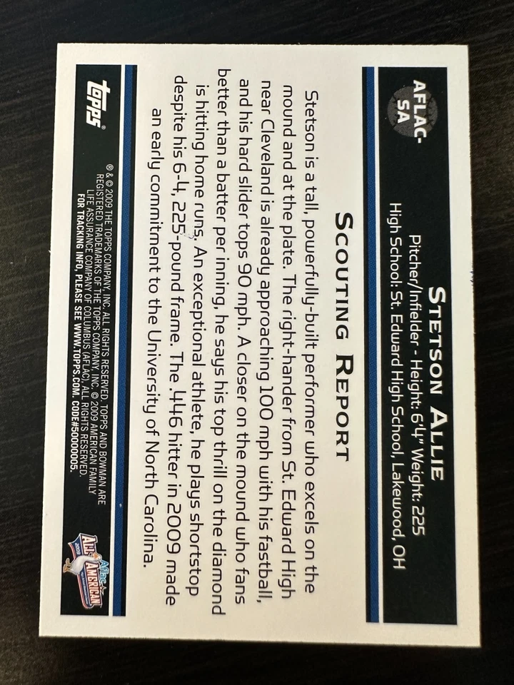 STETSON ALLIE 2012 BOWMAN AFLAC ALL-AMERICAN AUTOGRAPH AUTO RC /230 (2009) - Image 2 of 2