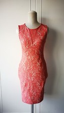 WAREHOUSE Gorgeous Coral Pink Lace Body Con Dress Sheer Neckline BNWT Size 8