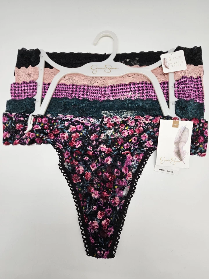 JESSICA SIMPSON 5 Pk Mujeres M L Tanga de Encaje Bragas Negro Vino Beige Rosa Estampados Foto 2 de 4