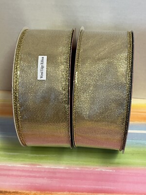 NEW 2 jumbo rolls wired edge ribbon 2.5'' x 90  gold metallic sheer
