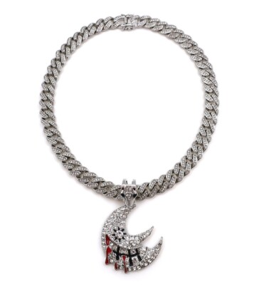 Iced Soul Eater Moon Pendant Miami Cuban Chain 16'' to 30'' 14k White Gold Plated