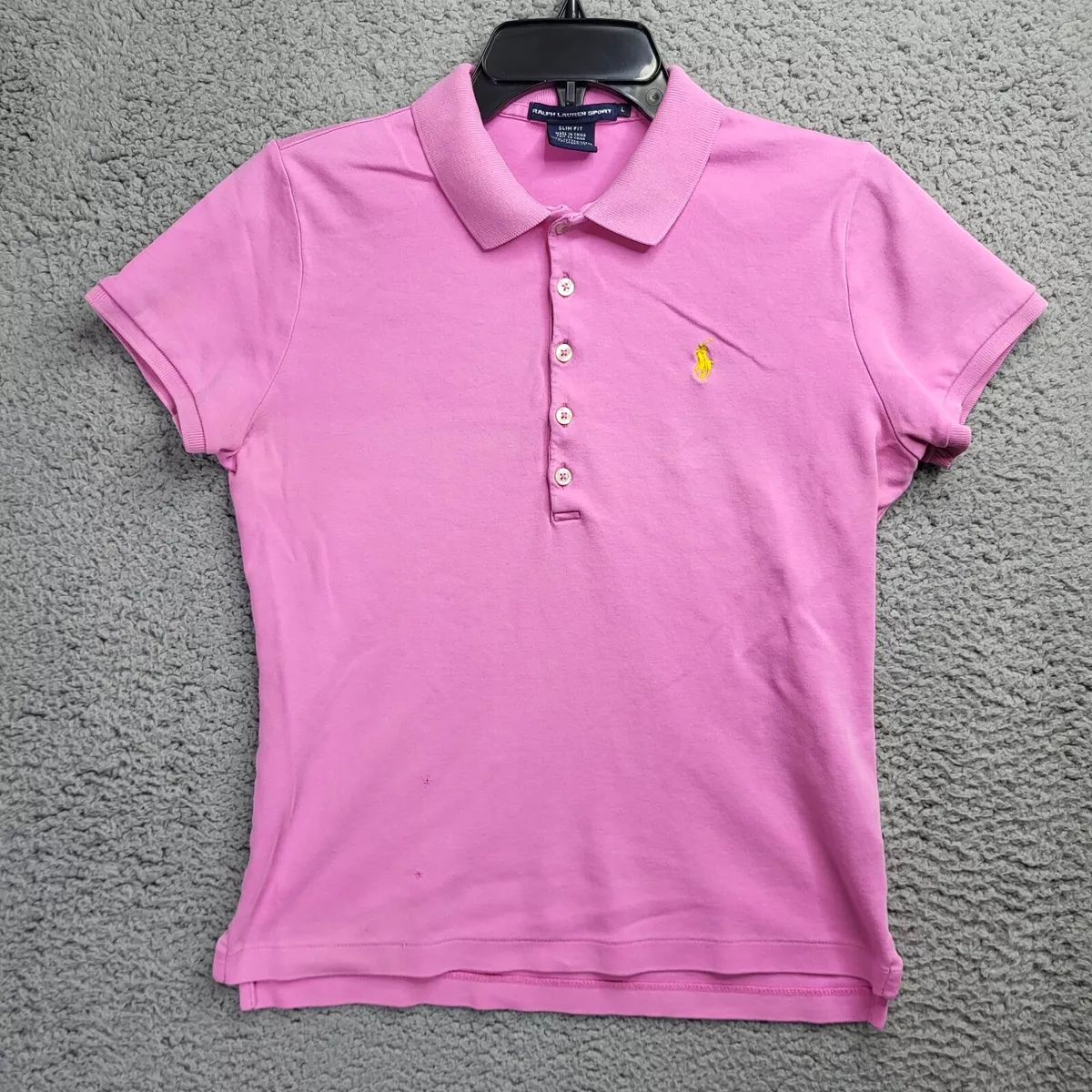 Ralph Lauren Sport Shirt Womens Large Pink Yellow Pony Golf Polo Slim Fit