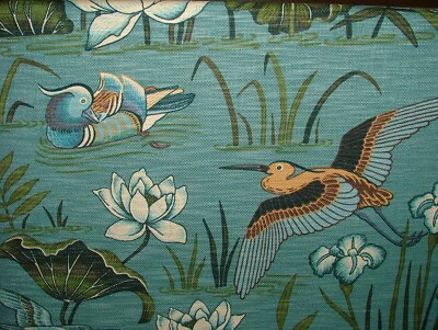 Japanische Seerose und Vögel blau Leinenmischung Vorhang Polster Kissen Stoff