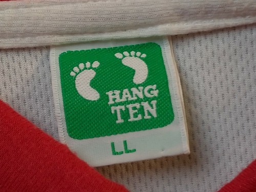 Vintage Hang Ten gestreiftes T-Shirt Holz Knopf großes Logo Rundhals Hawaii Surfer - Bild 5 von 10