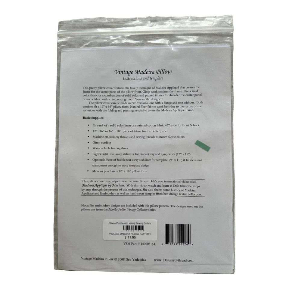 Vintage Madeira Pillow Instructions & Template by Deb Yedziniak NEWSealed 2008 - Image 2 of 2