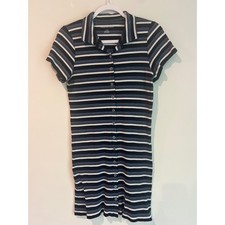 American Eagle Blue White Striped Ribbed Button Front Dress Size Large Retro