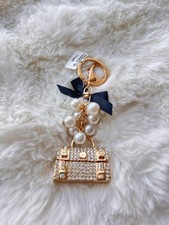 Elegant Mini Bag Keychain Charm Black Bow Faux Pearl Rhinestone Gold Tone