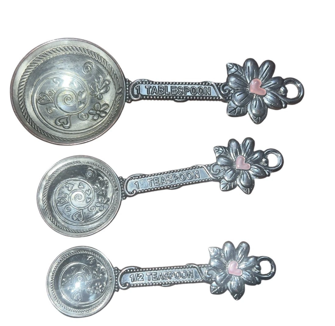 Ganz Zinc Alloy Measuring Spoons Set 3pc Silver Flower Pink Heart Embossed