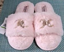 New Juicy Couture Slide Slippers Faux Fur Pink Gold Pearl Logo Women Size L 9-10