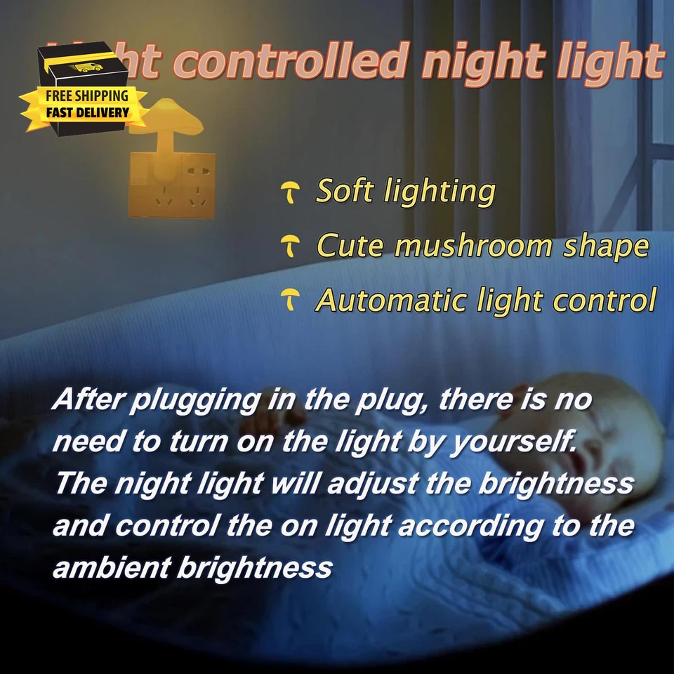 Mushroom-Shaped Energy Saving Sensor LED Night Light with Plug Yellow(Average Li - Image 3 of 4