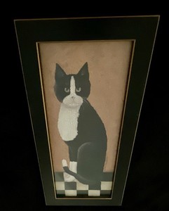 Cindy Sampson Black & White Tuxedo Cat Artwork In 12” x 6” Frame - Folk Art