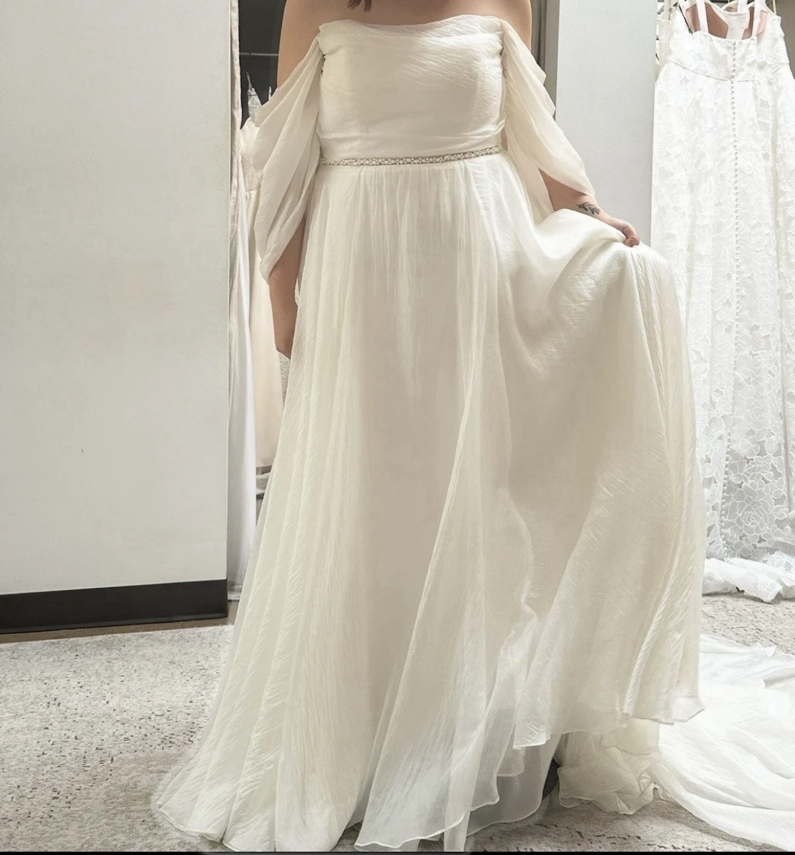 knee length dresses for ladies Andrea and Leo Couture CD857W Lace A Line Wedding Dress Spaghetti Straps Backless 10 / Off White