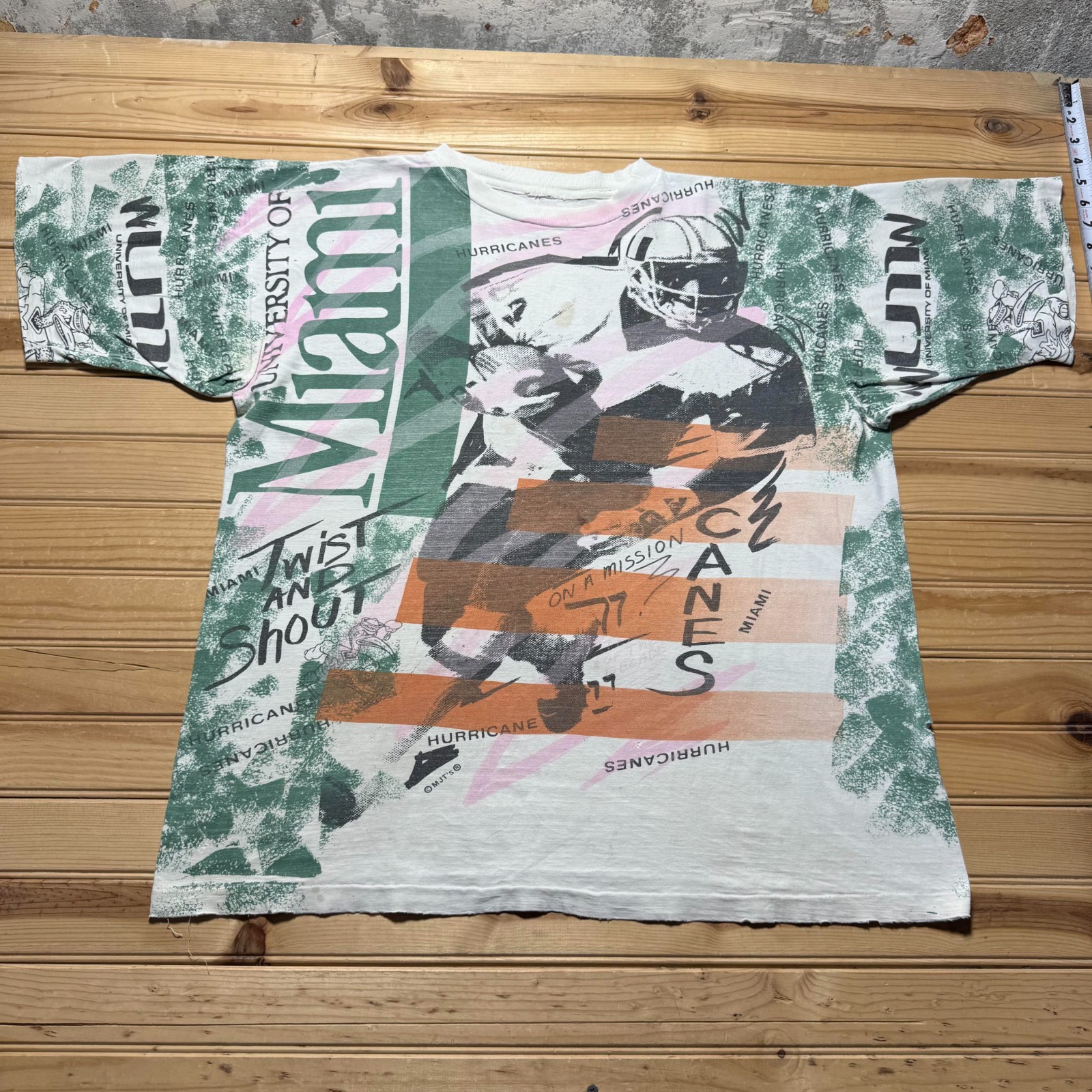 Vintage 90s University of Miami Hurricanes NCAA All Over Print T-Shirt - Size XL