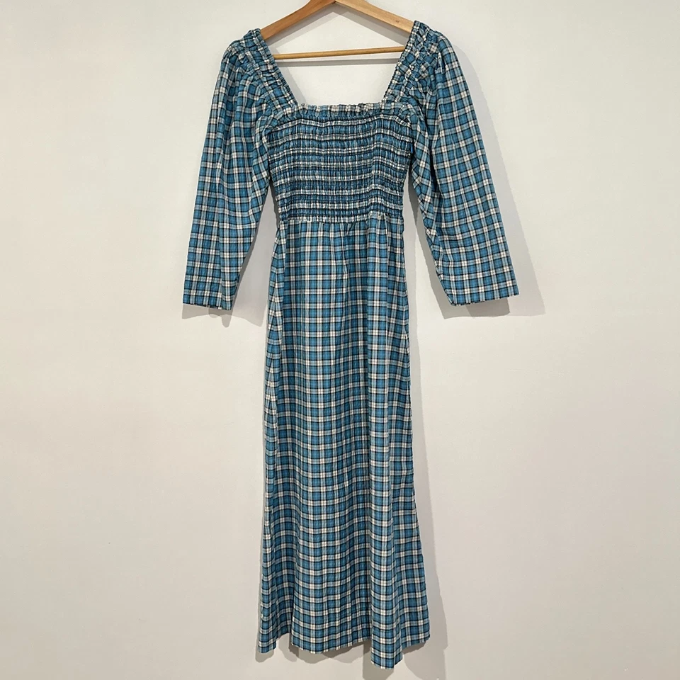 Vestido midi a cuadros GANNI Seersucker talla 34/XS azul algodón campo Foto 3 de 4