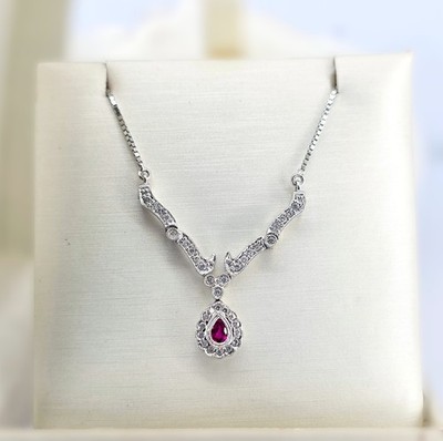 Edles 18kt Weißgold natürliche Birne Rubin & Diamant Zwei-Wege 18'' Halskette