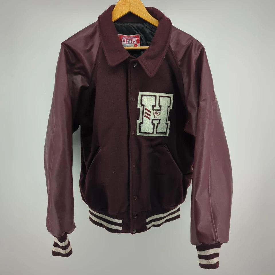 Awards USA Varsity Letterman Jacket Men's Large Maroon H Faux Leather Made USA - Image 3 of 4
