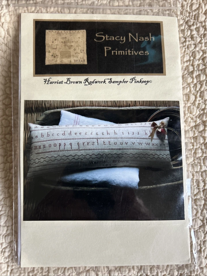 STACY NASH PRIMITIVES Harriat Brown Redwork Sampler Pinkeep Pattern NEW - Image 3 of 3