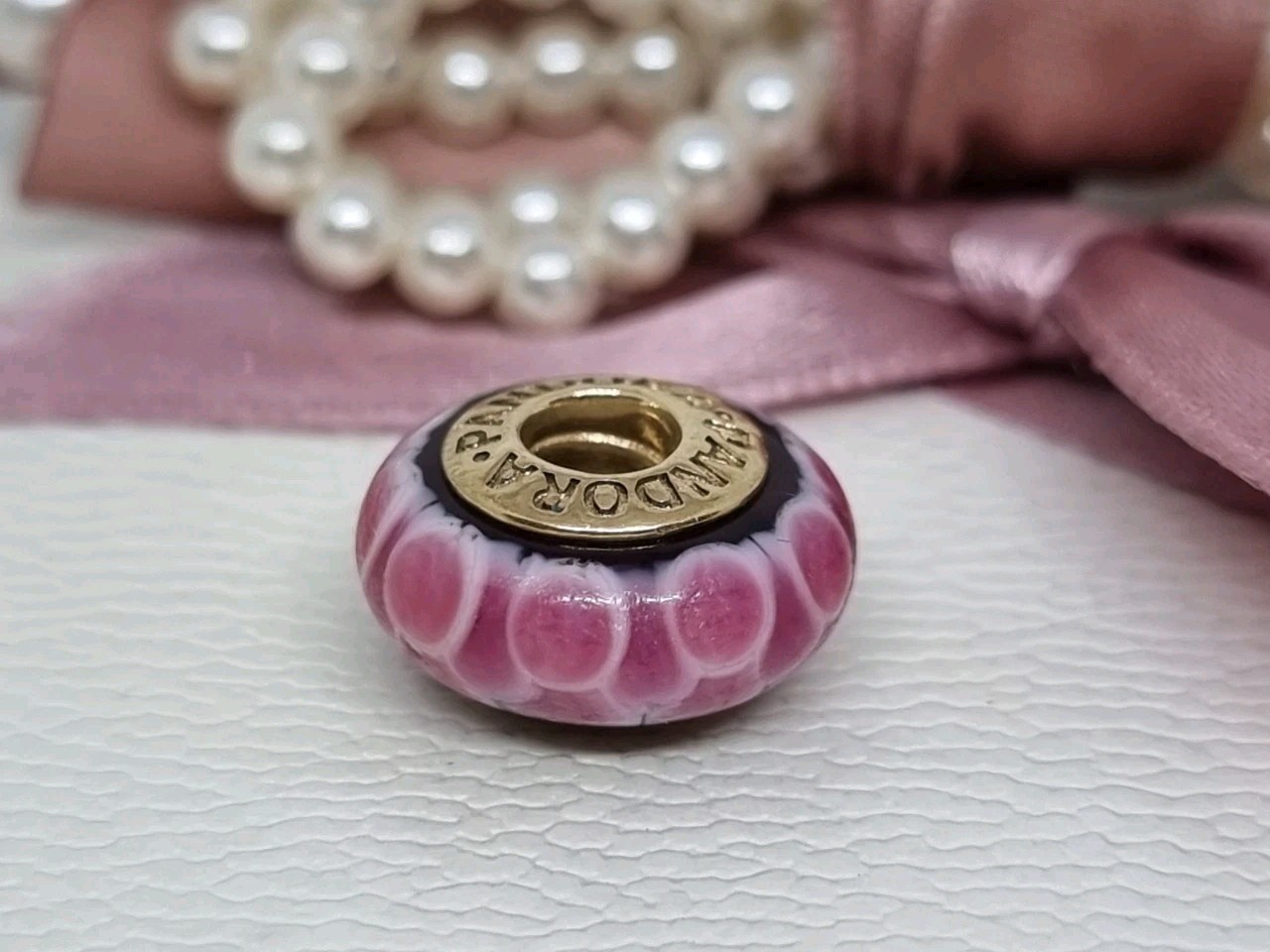 Genuine Pandora 14k Gold Pink Louts Murano Glass Charm WORN  💕 R35c image 8