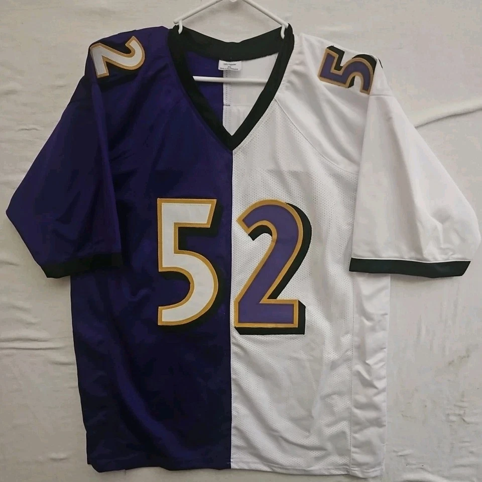 Camiseta Ray Lewis Baltimore Ravens #52 Autografiada NFL Dividida Púrpura/Blanca JSA Foto 4 de 4