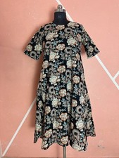 Women Cotton Black Floral Midi Dress A-Line Summer Short Sleeve Mothers day gift