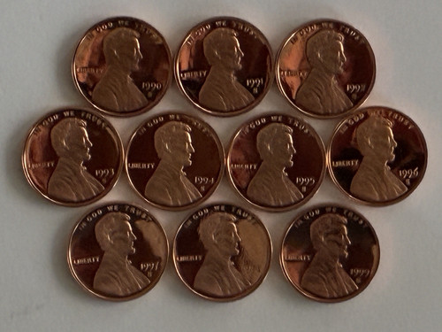 1990-1999 S PROOF RUN LINCOLN PENNYS (10 COINS) - DIRECTLY FROM PROOF SETS